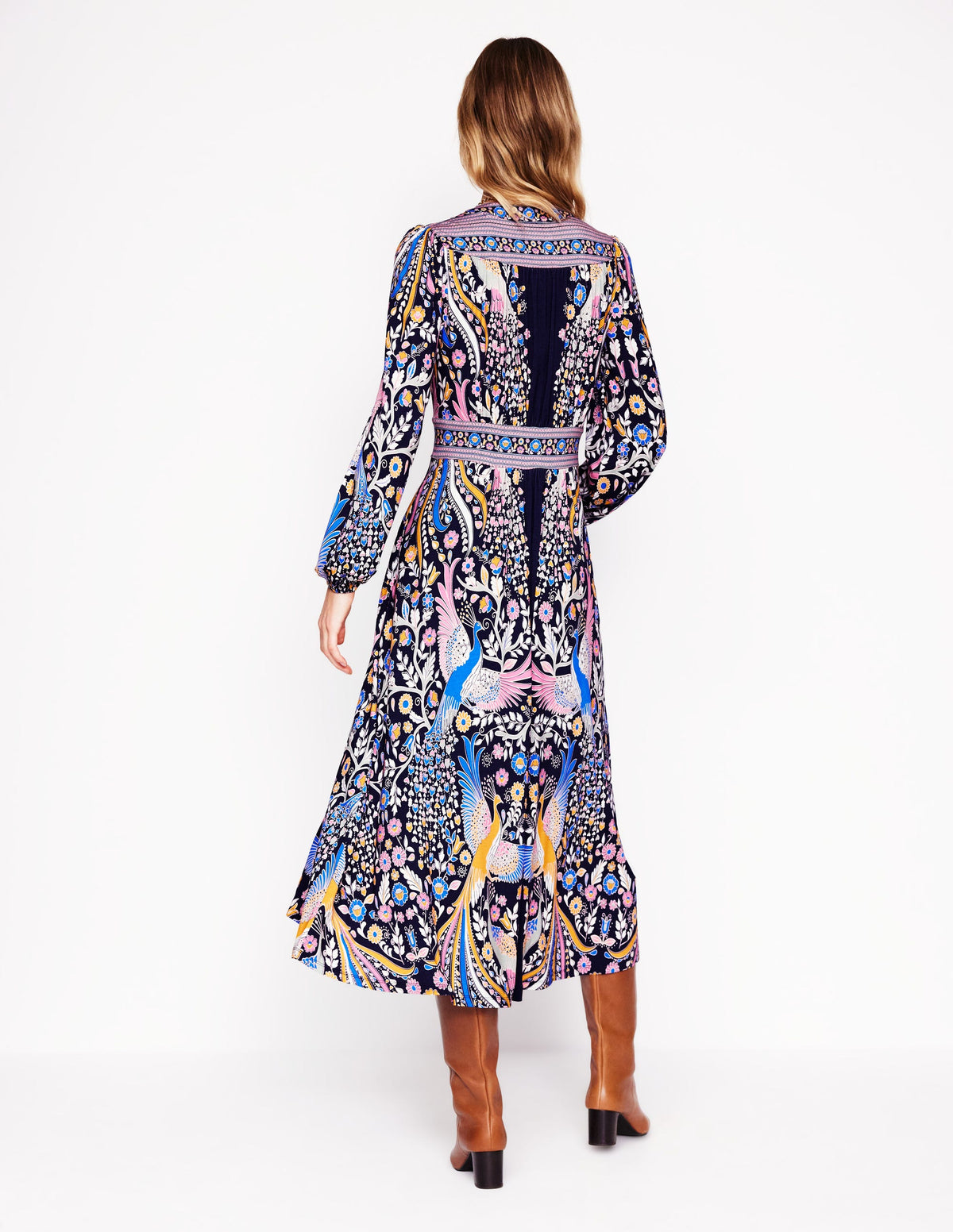 Lily Long Sleeve Midi Dress-French Navy,Enchanting Peacock - Image 4