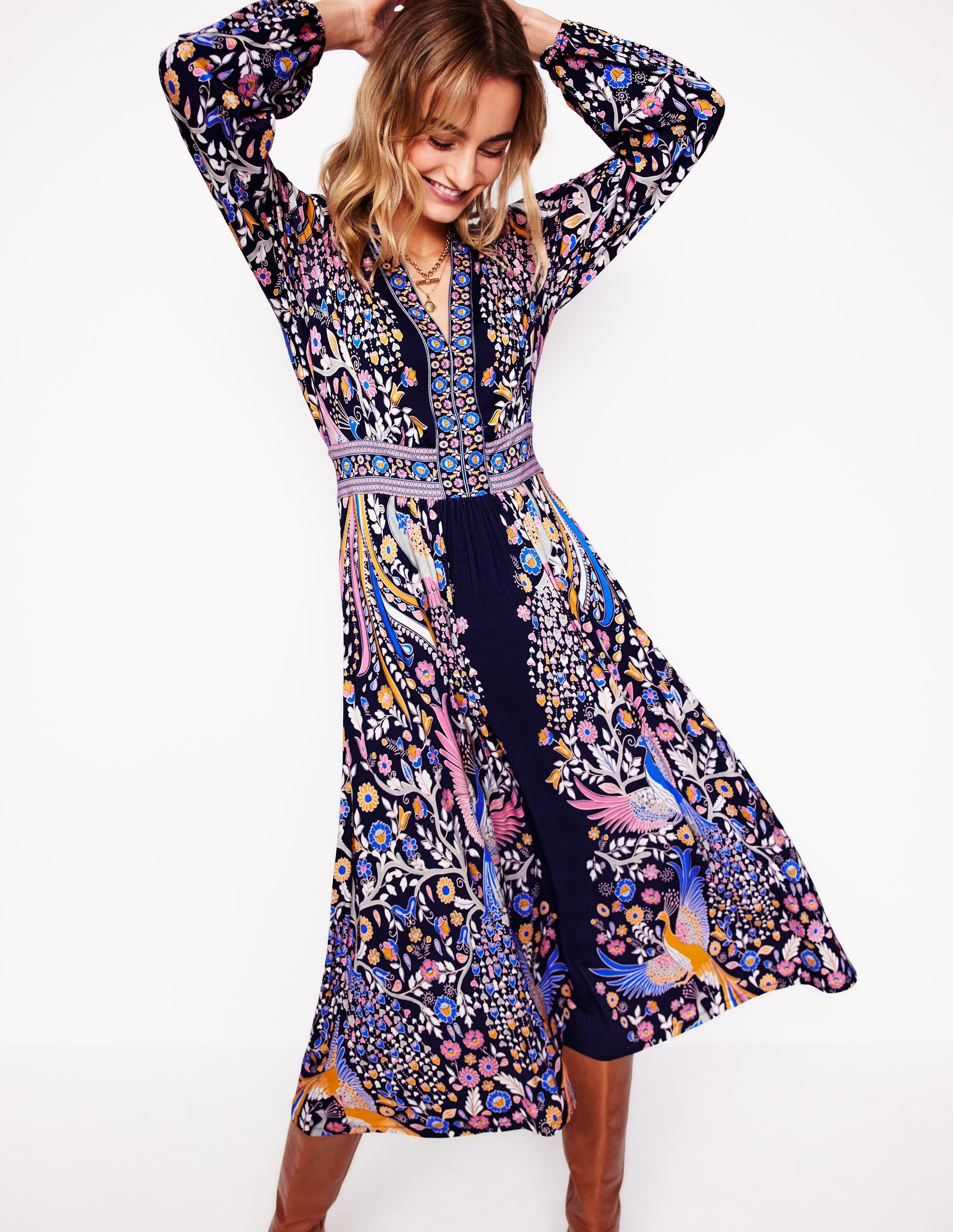 Lily Long Sleeve Midi Dress-French Navy,Enchanting Peacock - Image 5