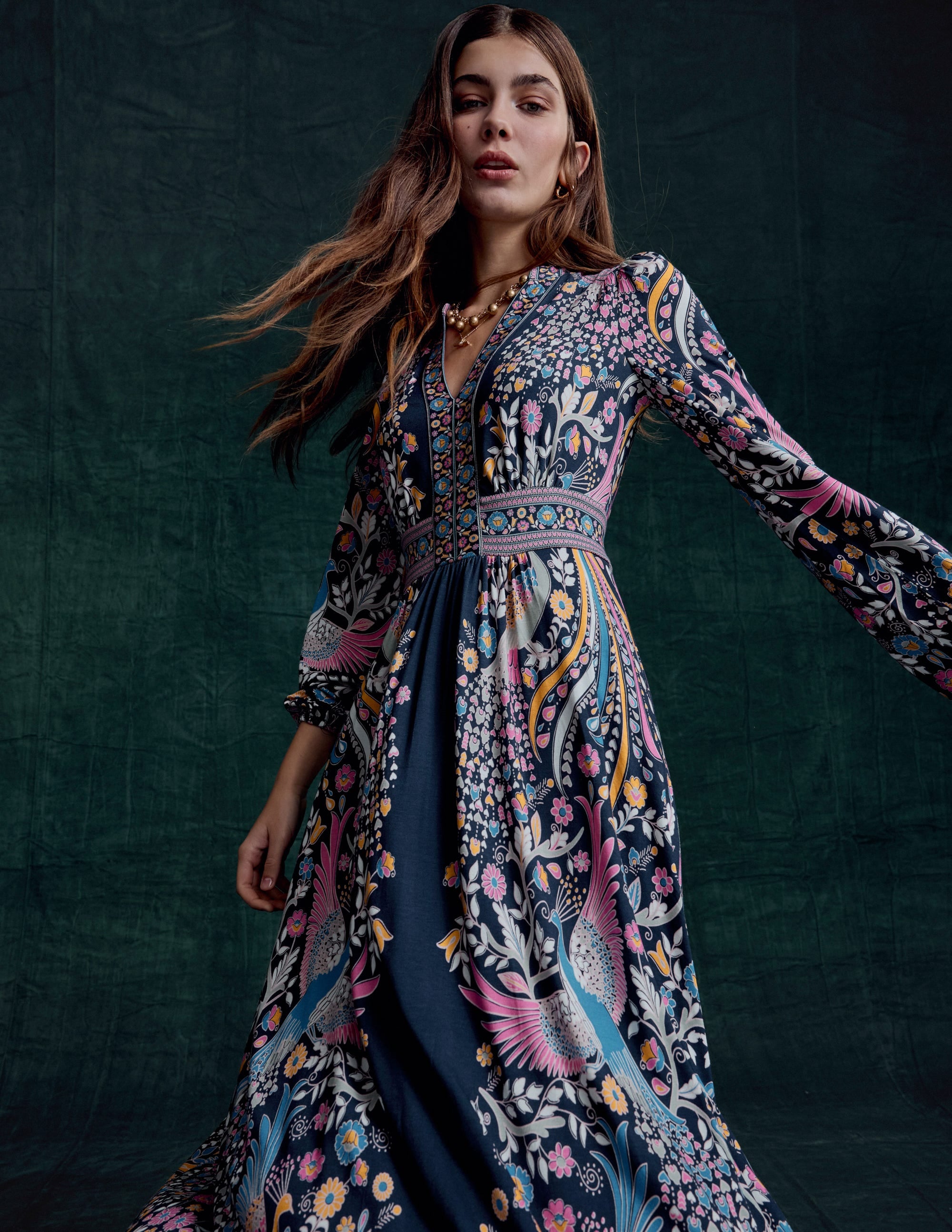 Lily Long Sleeve Midi Dress-French Navy,Enchanting Peacock - Image 2