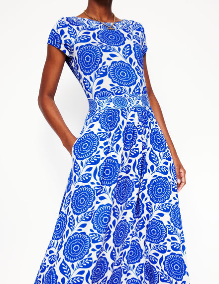 Melanie Jersey Midi Dress-Gallery Blue, Dahlia Stamp