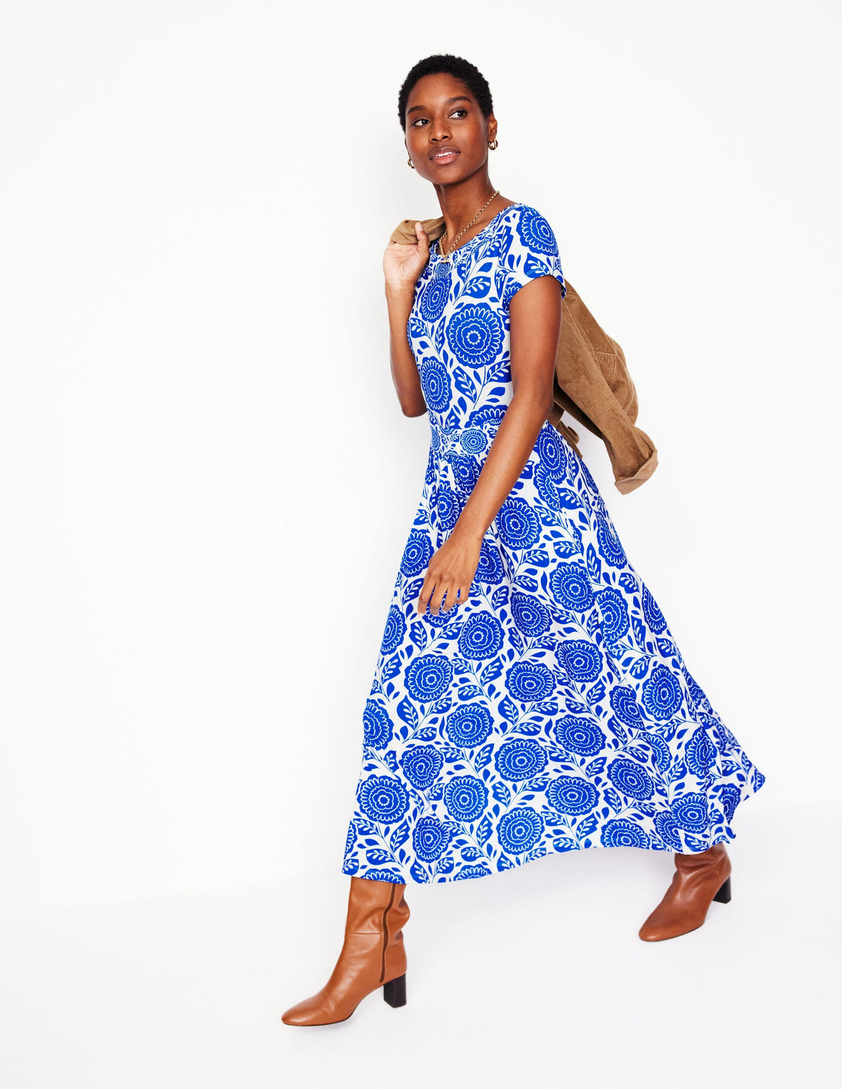 Melanie Jersey Midi Dress-Gallery Blue, Dahlia Stamp - Image 4