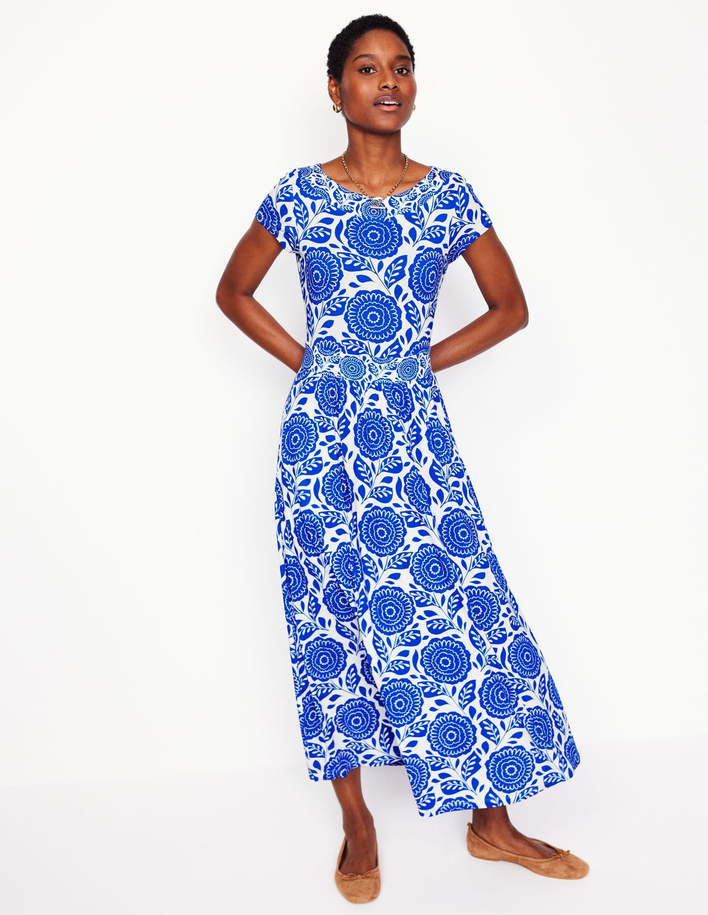 Melanie Jersey Midi Dress-Gallery Blue, Dahlia Stamp