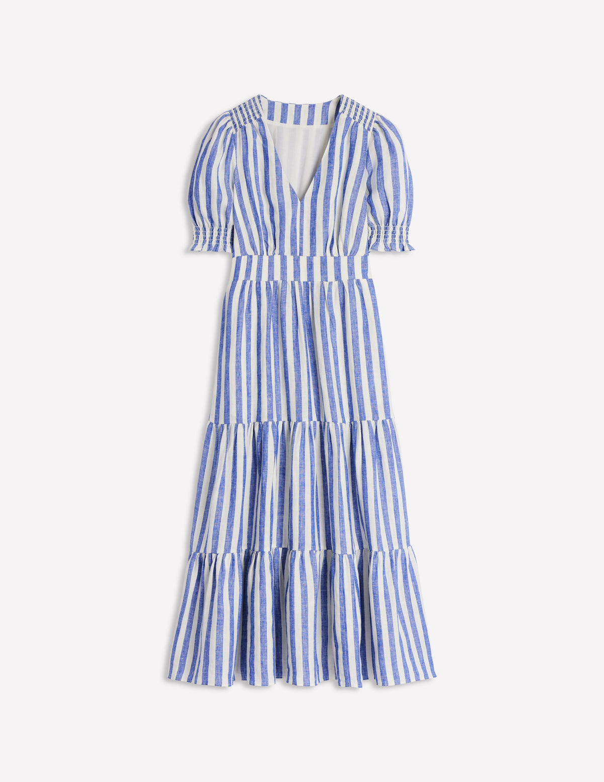 Anna Linen Tiered Midi Dress-Bright Blue Stripe - Image 5