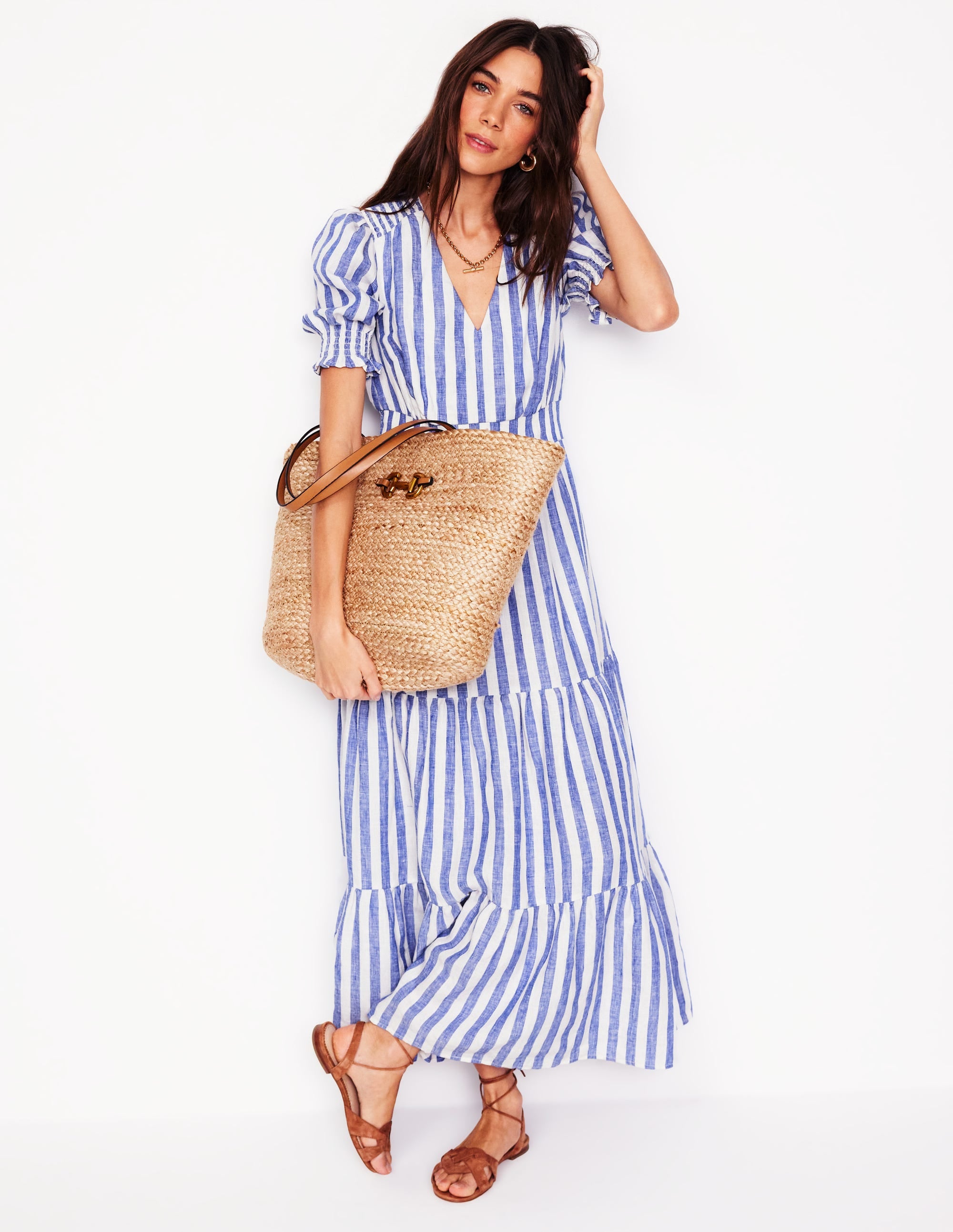 Anna Linen Tiered Midi Dress-Bright Blue Stripe - Image 1