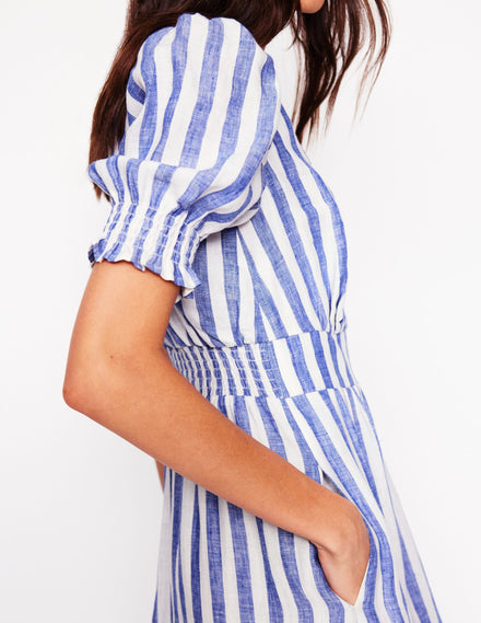 Anna Linen Tiered Midi Dress-Bright Blue Stripe