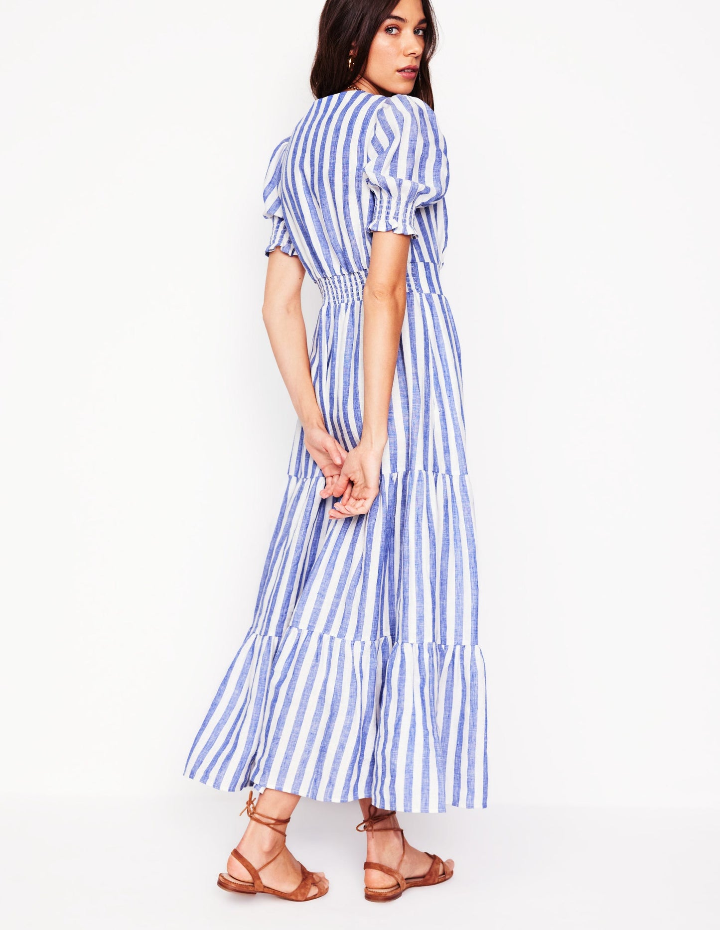 Anna Linen Tiered Midi Dress-Bright Blue Stripe