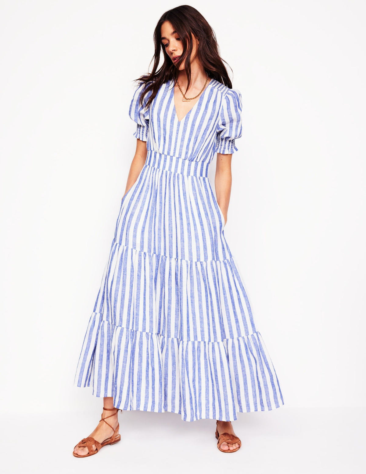 Anna Linen Tiered Midi Dress-Bright Blue Stripe - Image 4
