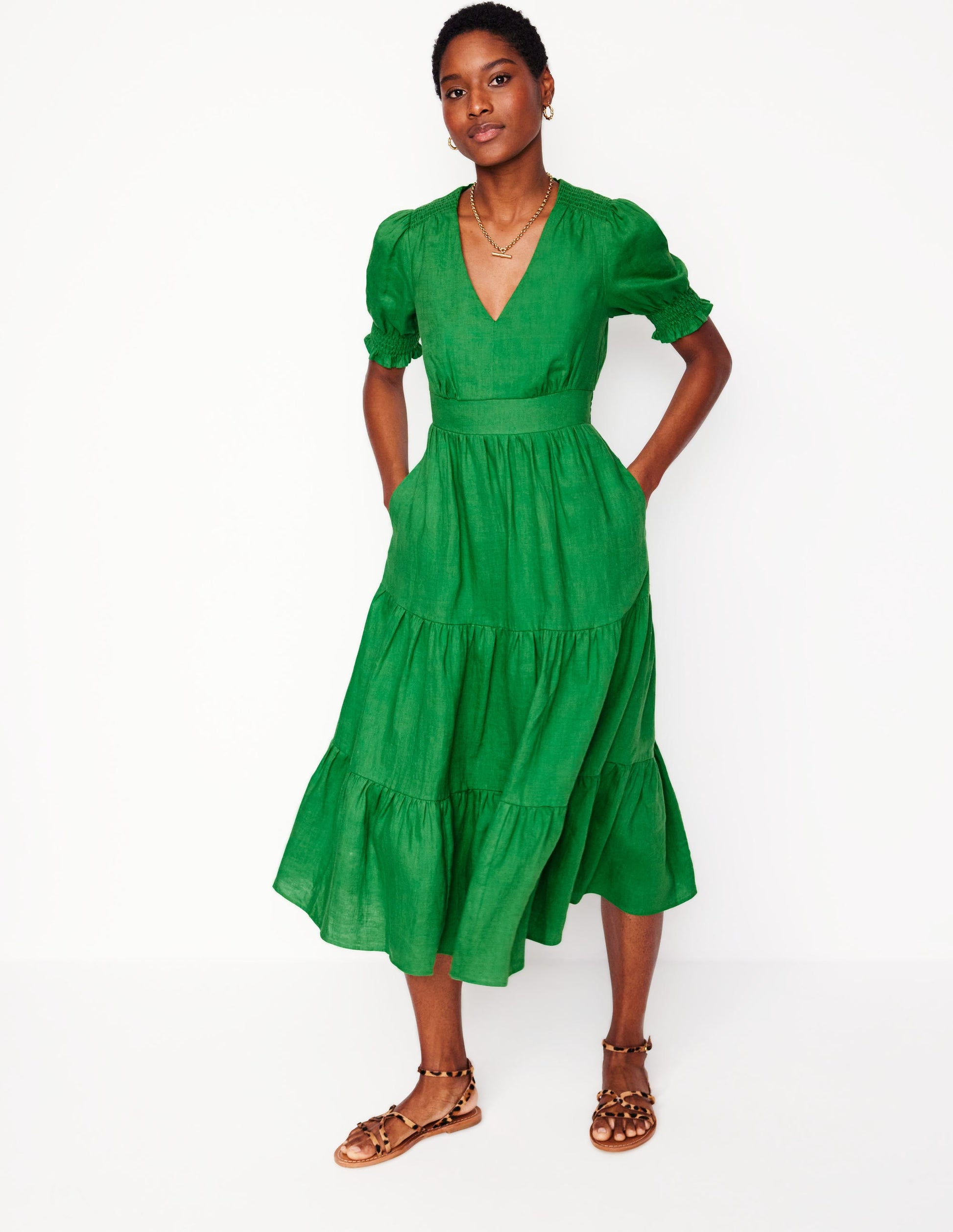 Anna Linen Tiered Midi Dress-Paradise Green | Boden Global Anna Linen Tiered Midi Dress-Paradise Green | Boden Global