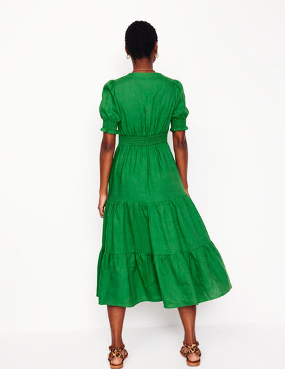 Anna Linen Tiered Midi Dress-Paradise Green