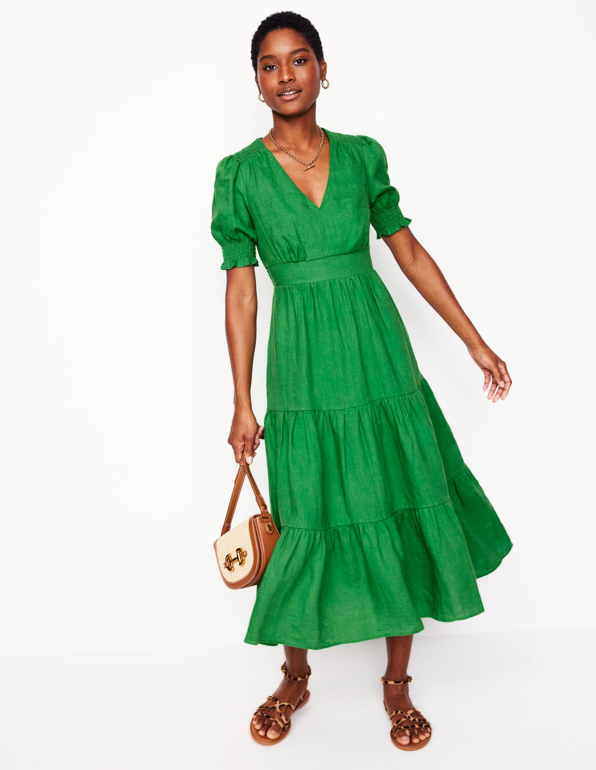 Anna Linen Tiered Midi Dress-Paradise Green | Boden Global Anna Linen Tiered Midi Dress-Paradise Green | Boden Global