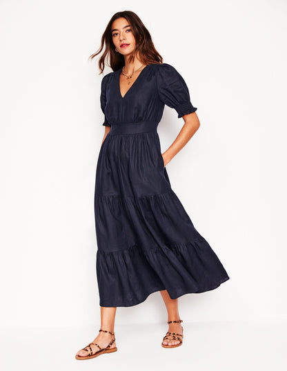 Anna Tiered Linen Midi Dress-Navy