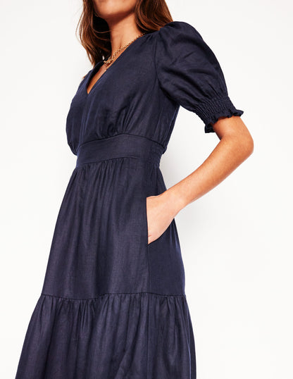 Anna Tiered Linen Midi Dress-Navy