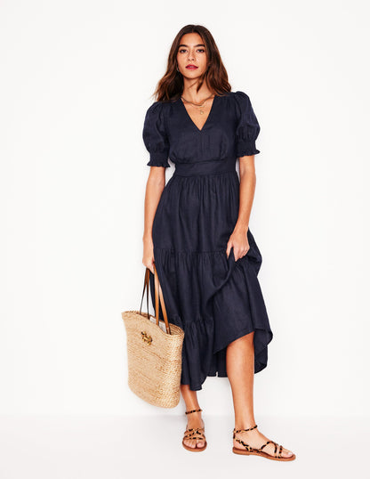 Anna Tiered Linen Midi Dress-Navy