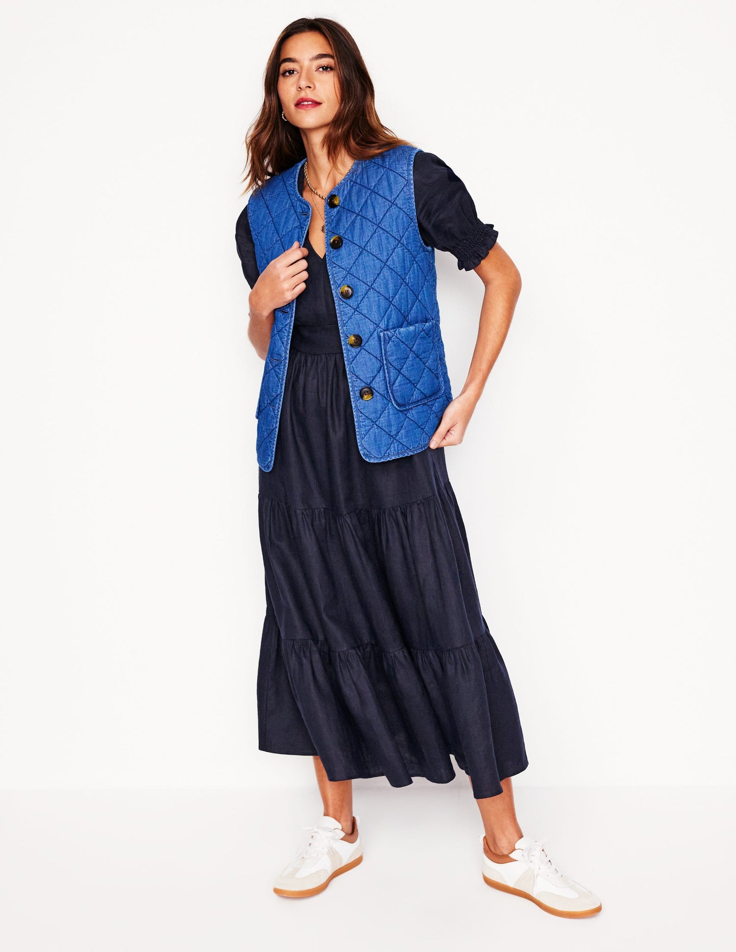 Anna Tiered Linen Midi Dress-Navy