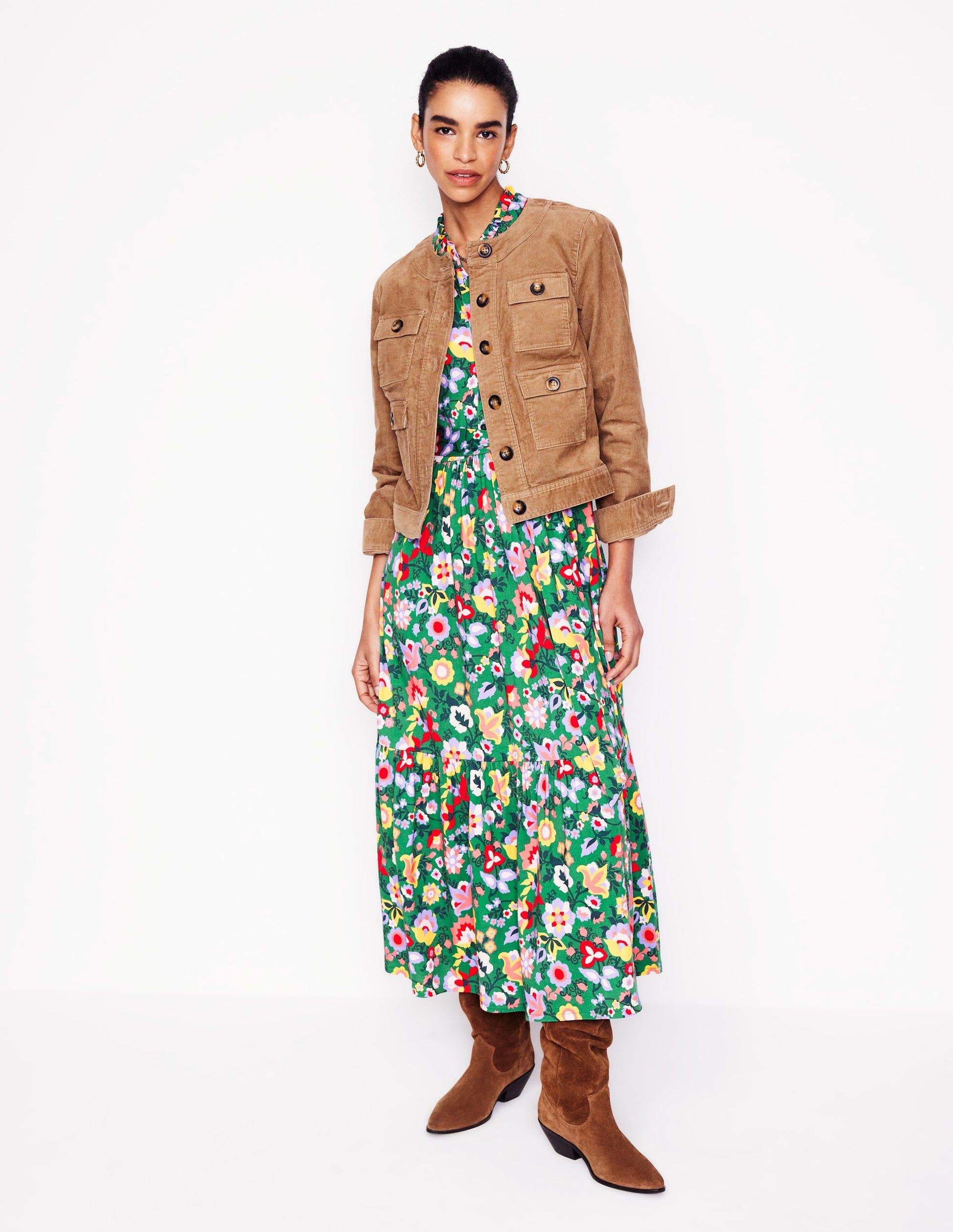 Willow Tiered Jersey Dress-Forest Grass, Flourishing Vine | Boden Global Willow Tiered Jersey Dress-Forest Grass, Flourishing Vine | Boden Global