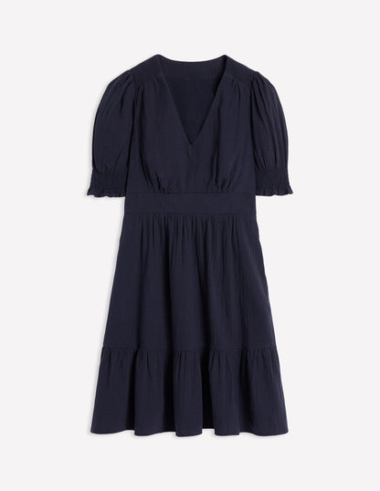 Anna Double Cloth Short Dress-Navy