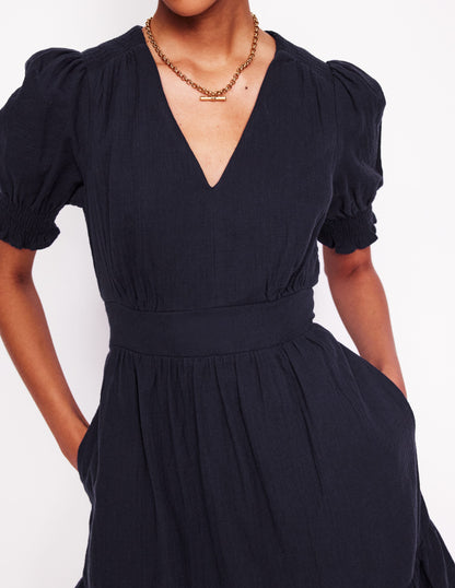 Anna Double Cloth Short Dress-Navy