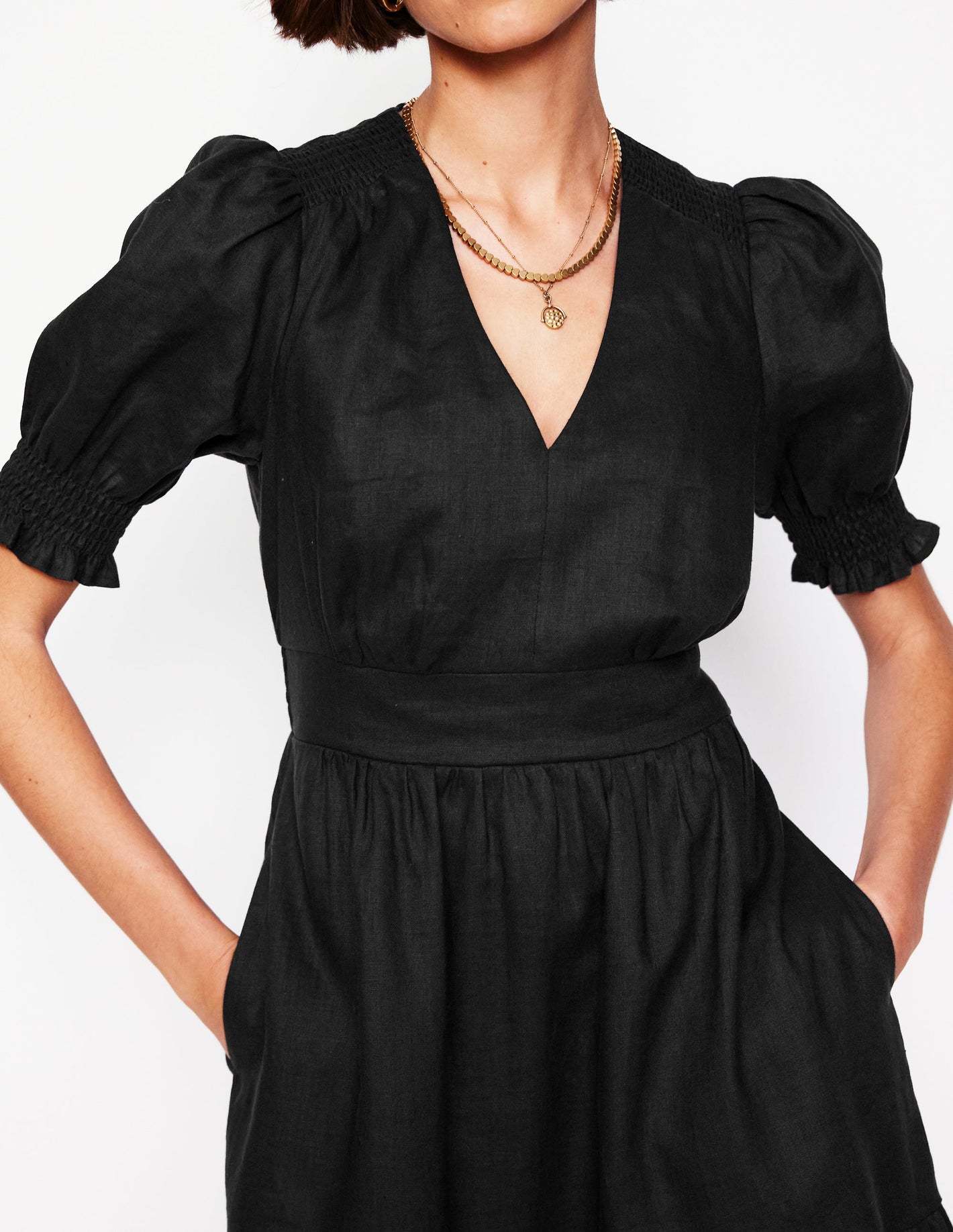 Anna Linen Short Dress-Black