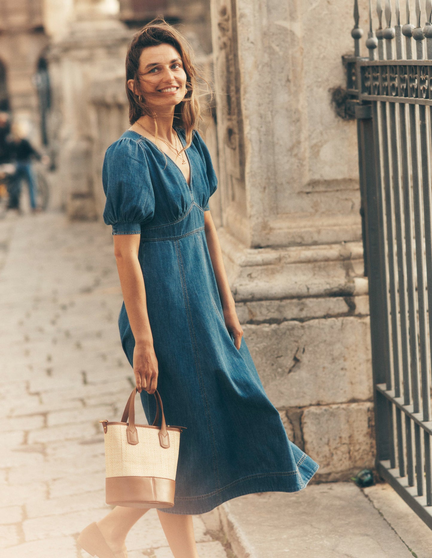 Denim Panel Tea Dress-Mid Vintage