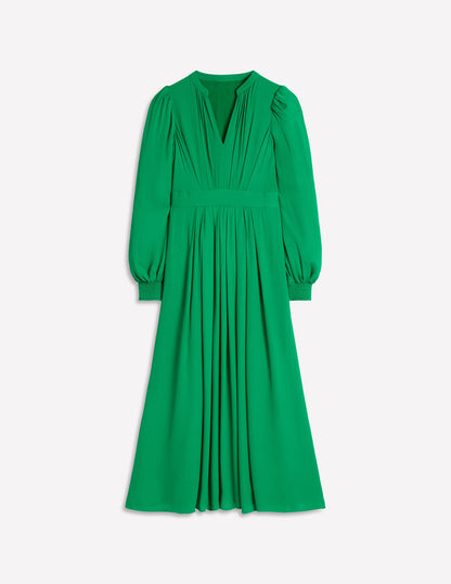 Pleat Detail Blouson Dress-Rich Emerald