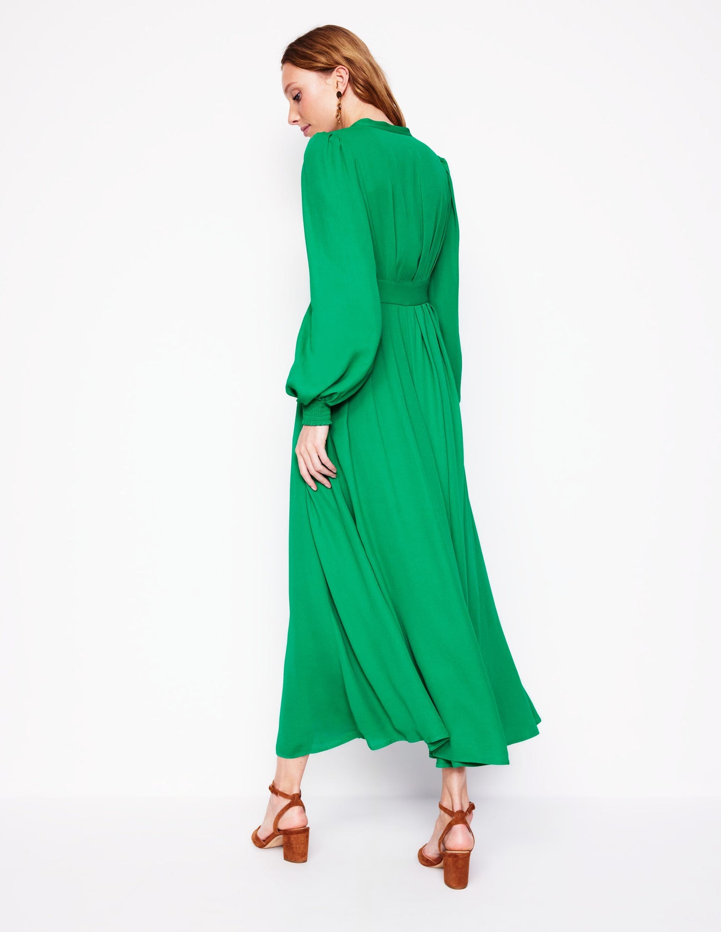 Pleat Detail Blouson Dress-Rich Emerald