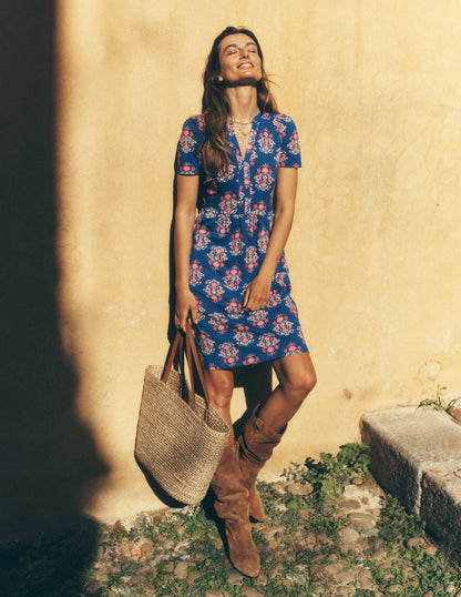 Naomi Short Sleeve Dress-Bright Blue, Wildflower Stamp-2
