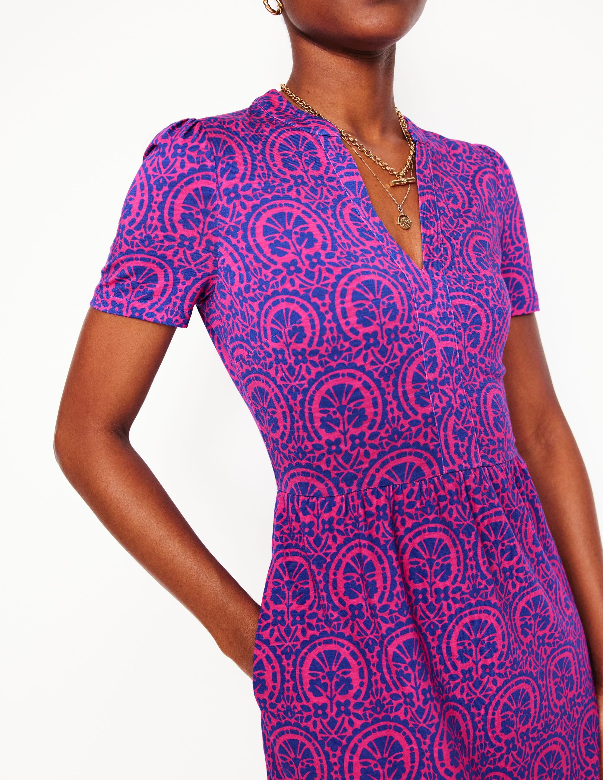 Naomi Short Sleeve Dress-Pink Peony Elaborate Stamp - Image 2