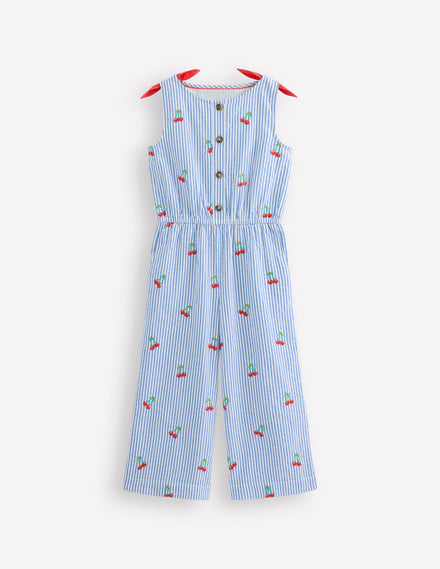 Wide Leg Jumpsuit-Cherry Embroidery