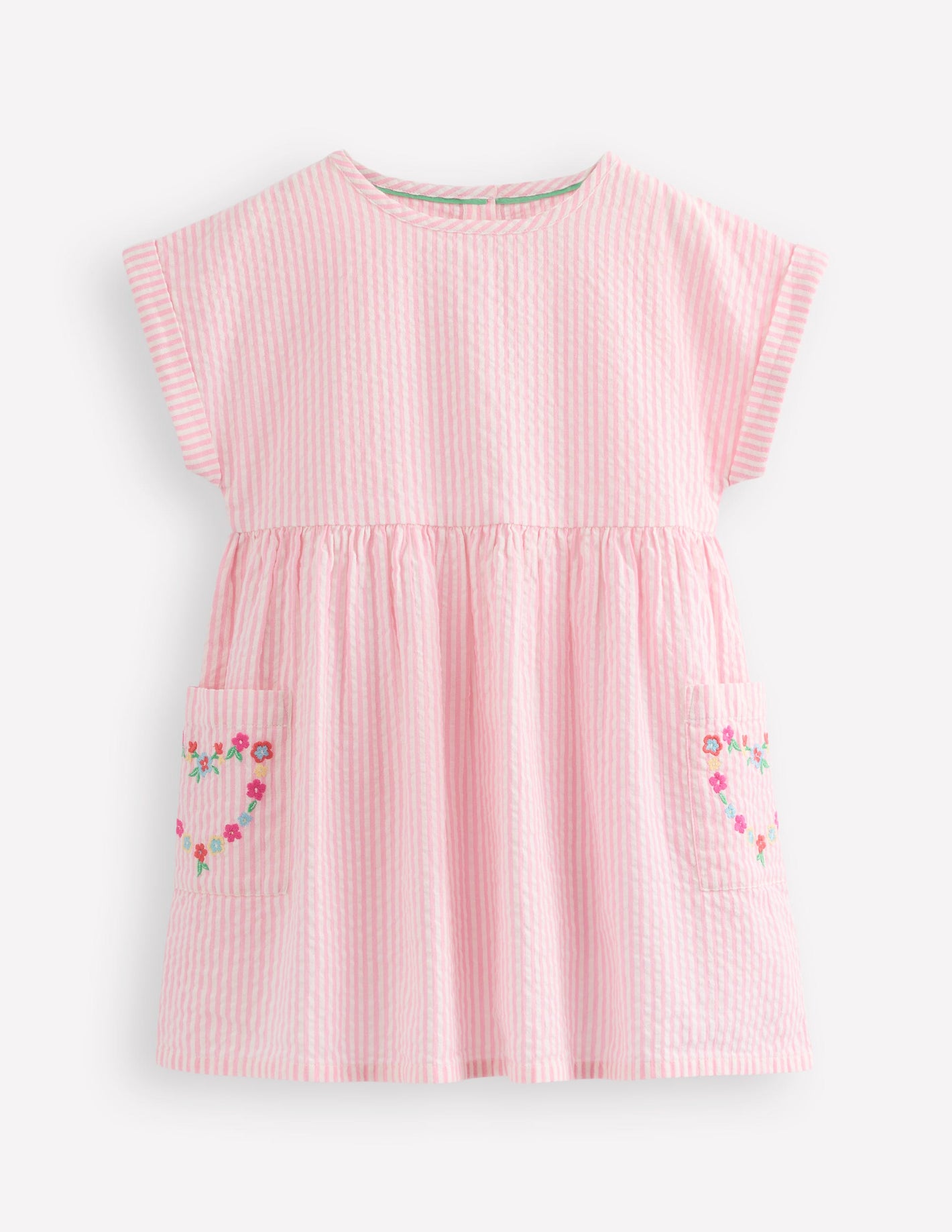 Short-sleeved woven tunic-Ticking Pink Embroidery