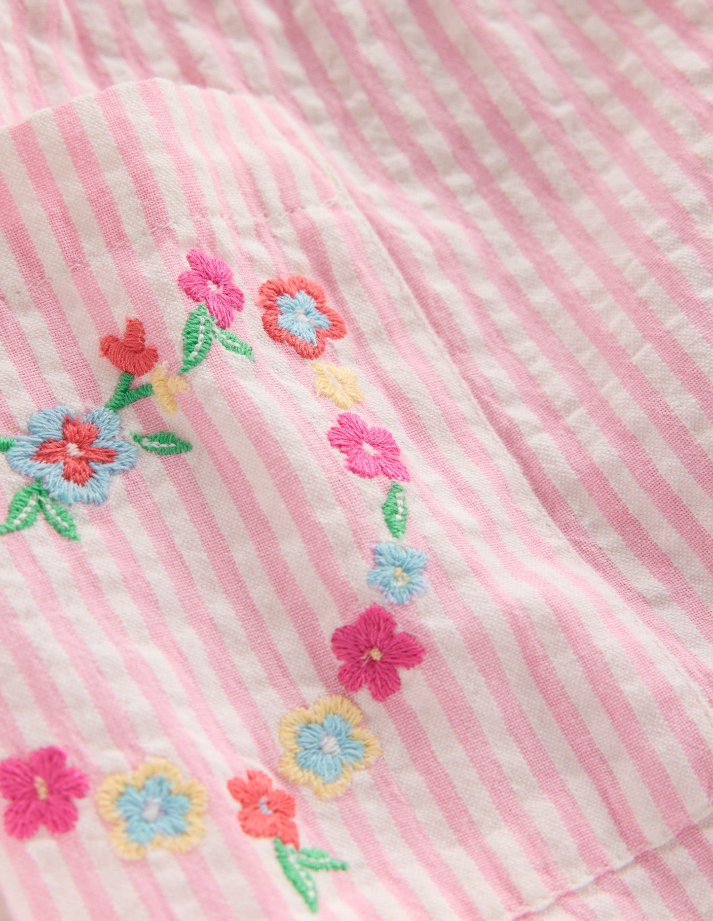 Short-sleeved woven tunic-Ticking Pink Embroidery