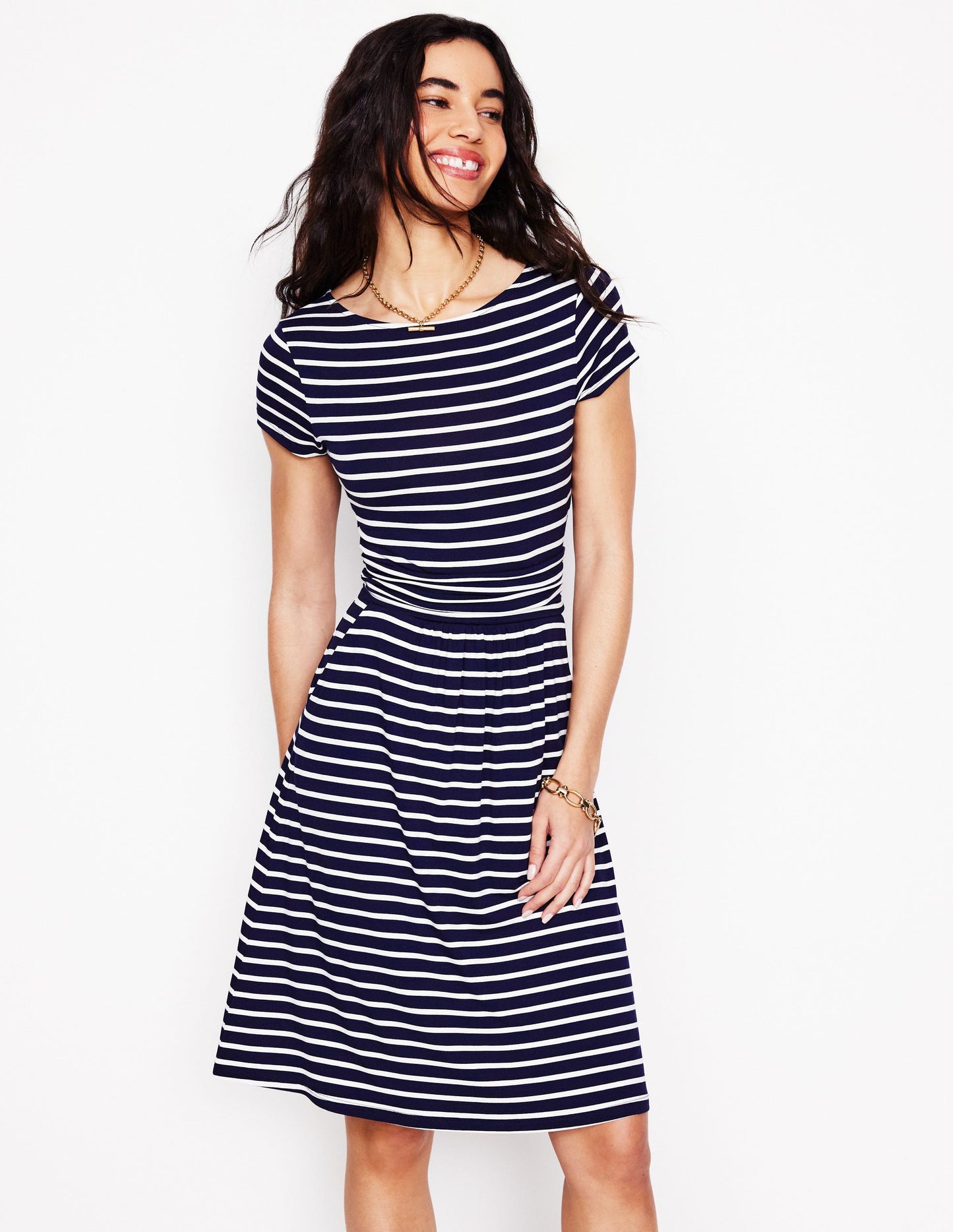 Amelie Jersey Dress -Navy, Ivory Stripe