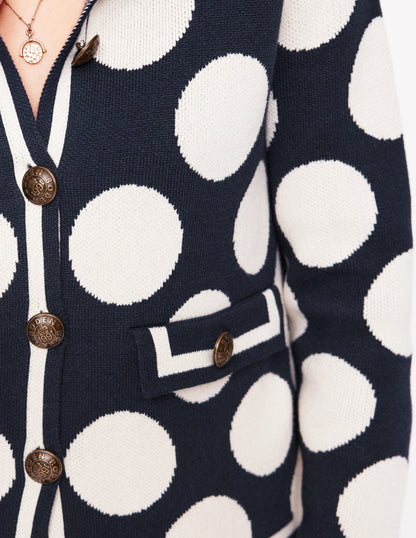 Holly Knitted Jacket-French Navy, Large Ivory Spot