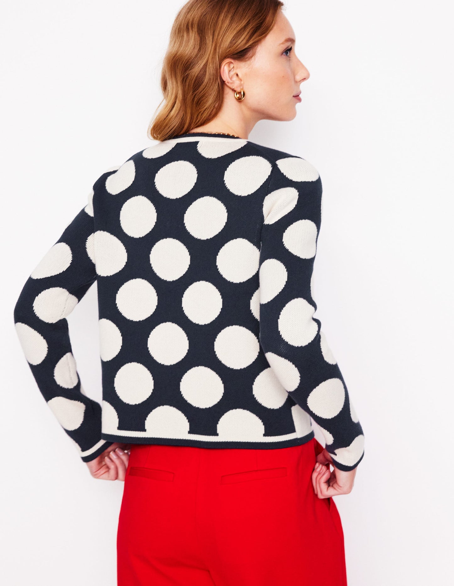 Holly Knitted Jacket-French Navy, Large Ivory Spot