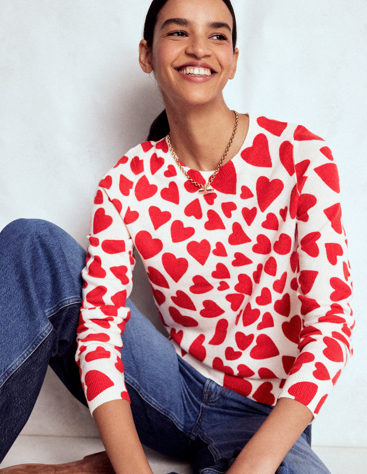 Eva Cashmere Crew Neck Jumper-Ivory, Heart Cluster - Image 4