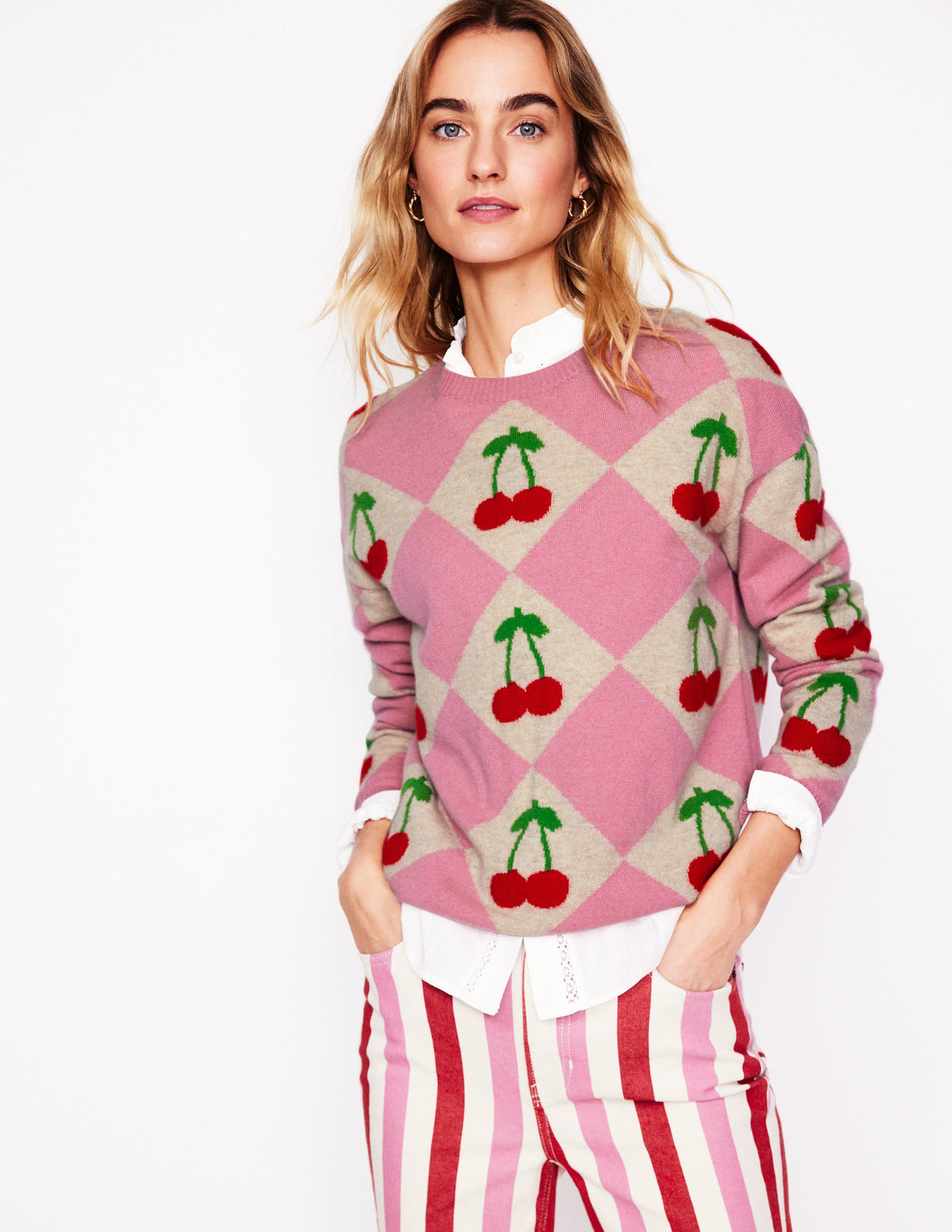 Lydia Cashmere Jumper-Pink, Cherry Argyle - Image 1