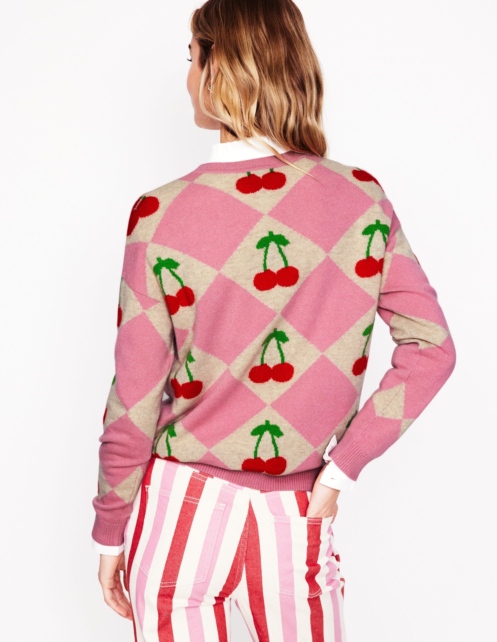 Lydia Cashmere Jumper-Pink, Cherry Argyle - Image 4