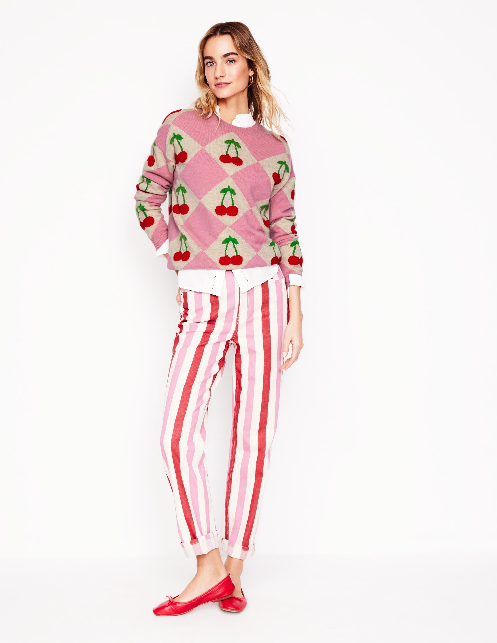 Lydia Cashmere Jumper-Pink, Cherry Argyle - Image 5