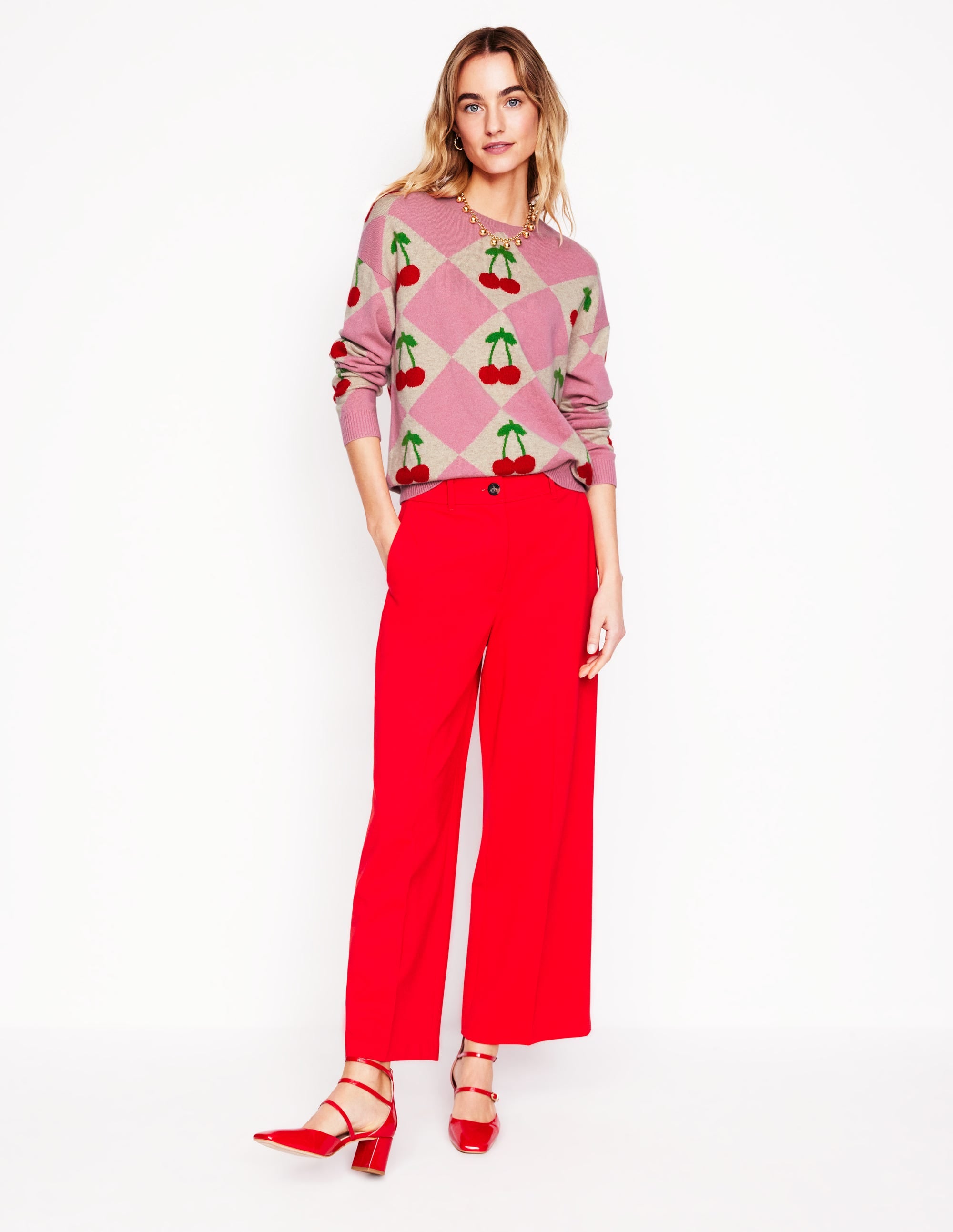 Lydia Cashmere Jumper-Pink, Cherry Argyle - Image 8