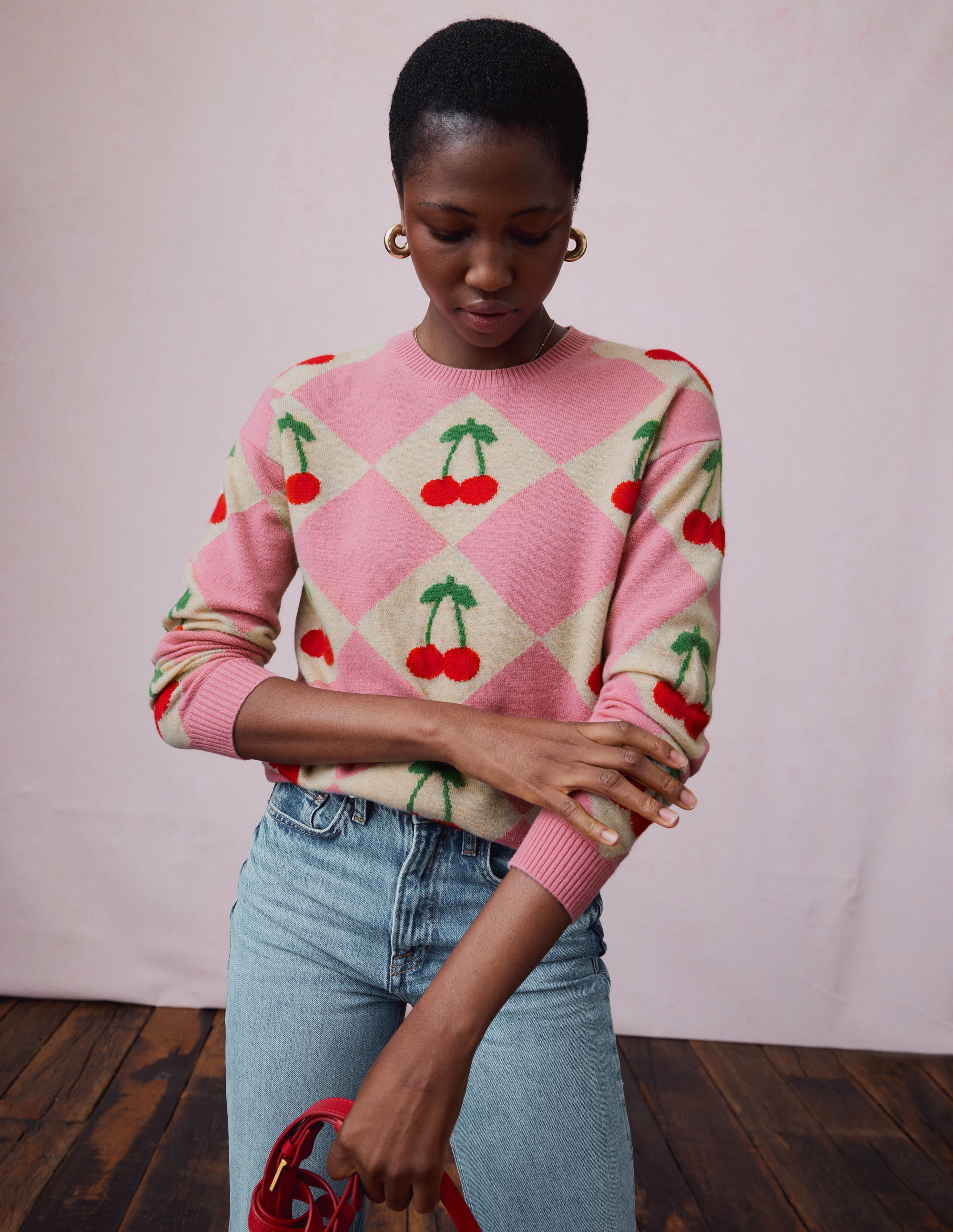 Lydia Cashmere Jumper-Pink, Cherry Argyle - Image 2