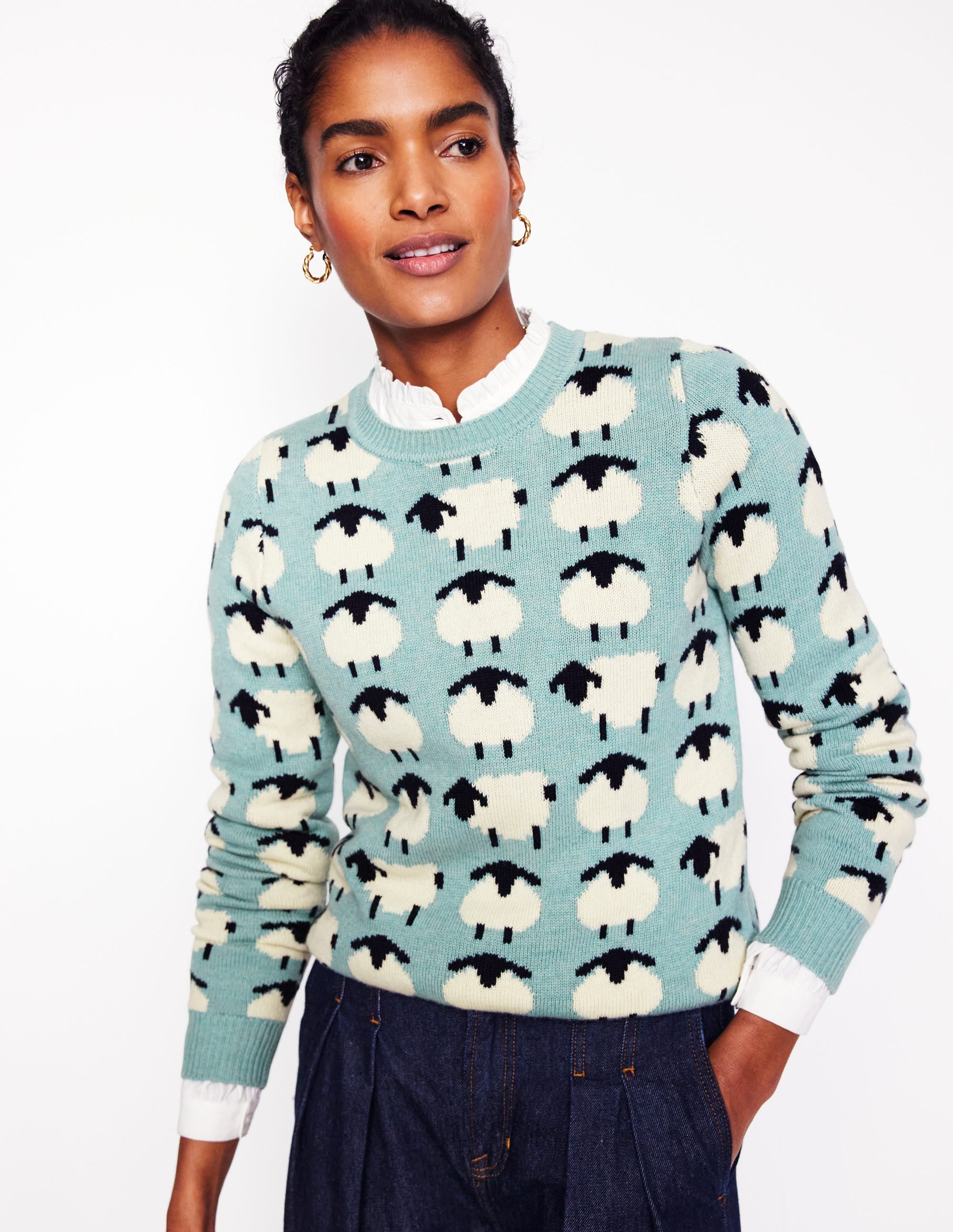 Heather Jacquard Jumper-Seamist Blue, Sheep - Image 1