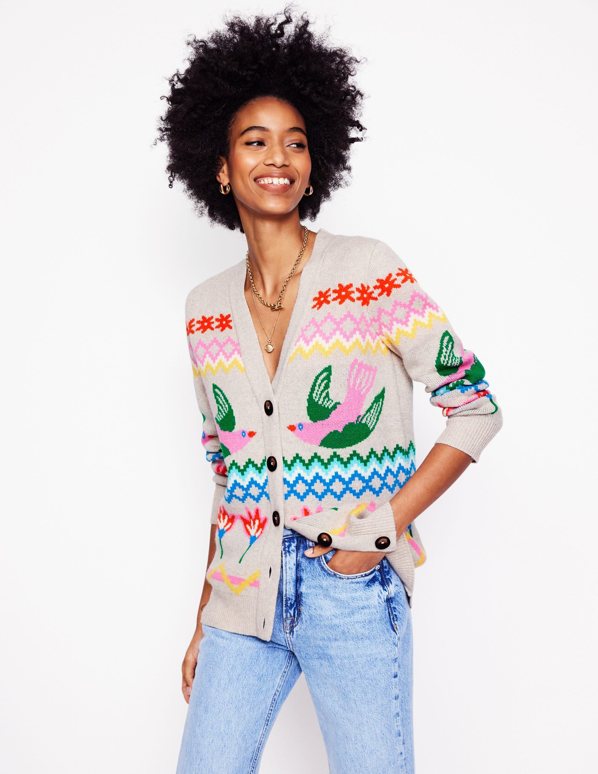 Fair Isle Boyfriend Cardigan-Oatmeal Melange, Birds - Image 1
