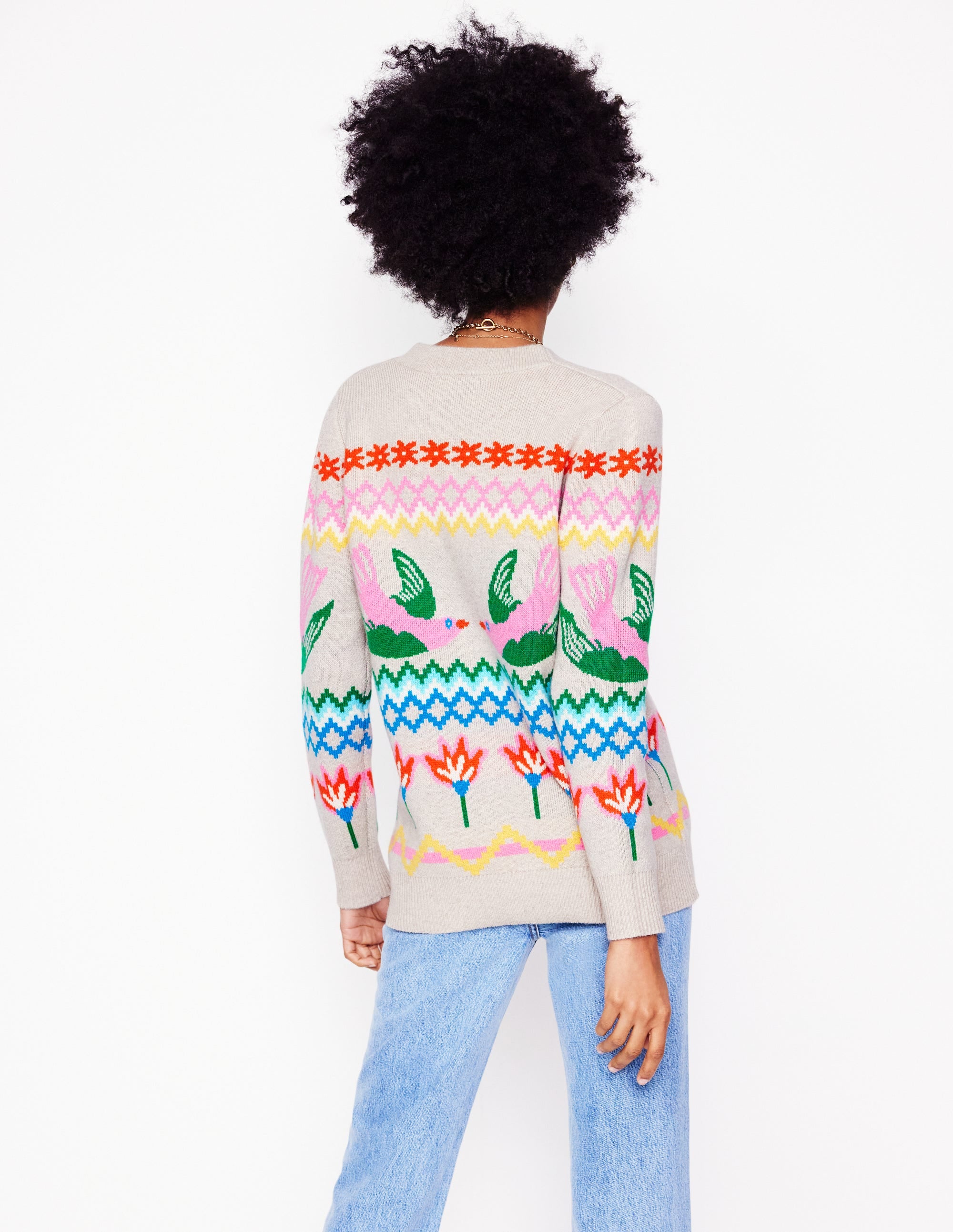 Fair Isle Boyfriend Cardigan-Oatmeal Melange, Birds - Image 2