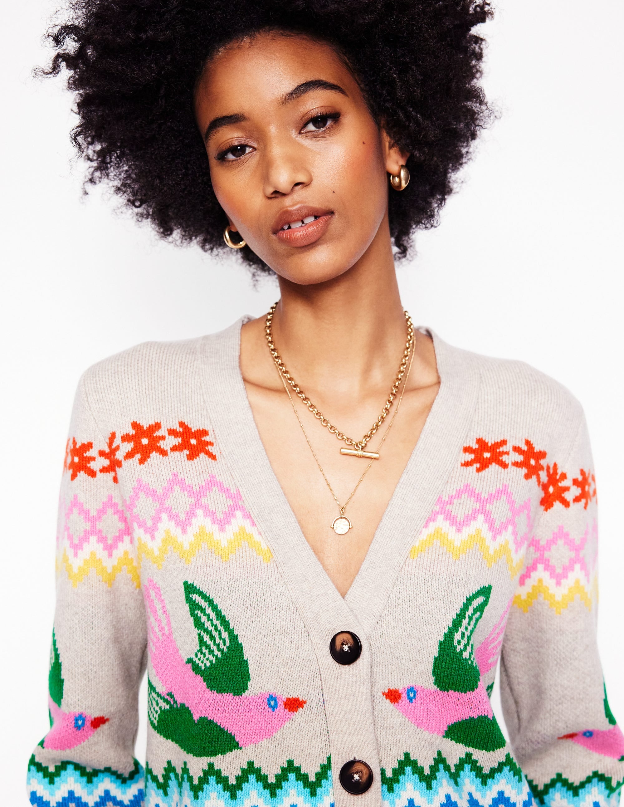 Fair Isle Boyfriend Cardigan-Oatmeal Melange, Birds - Image 3