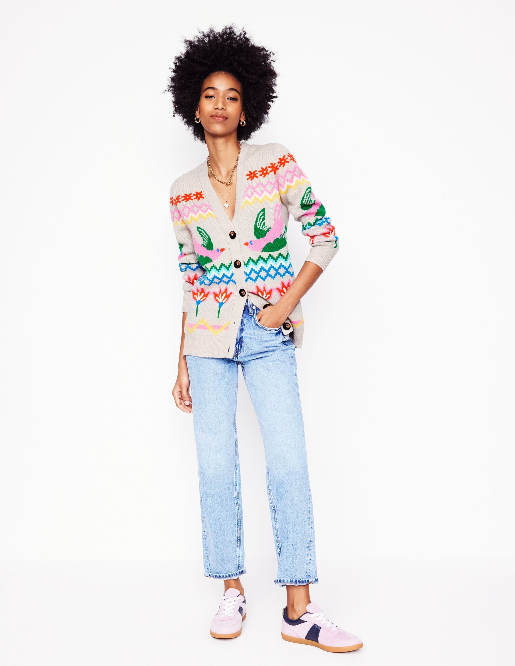 Fair Isle Boyfriend Cardigan-Oatmeal Melange, Birds - Image 4
