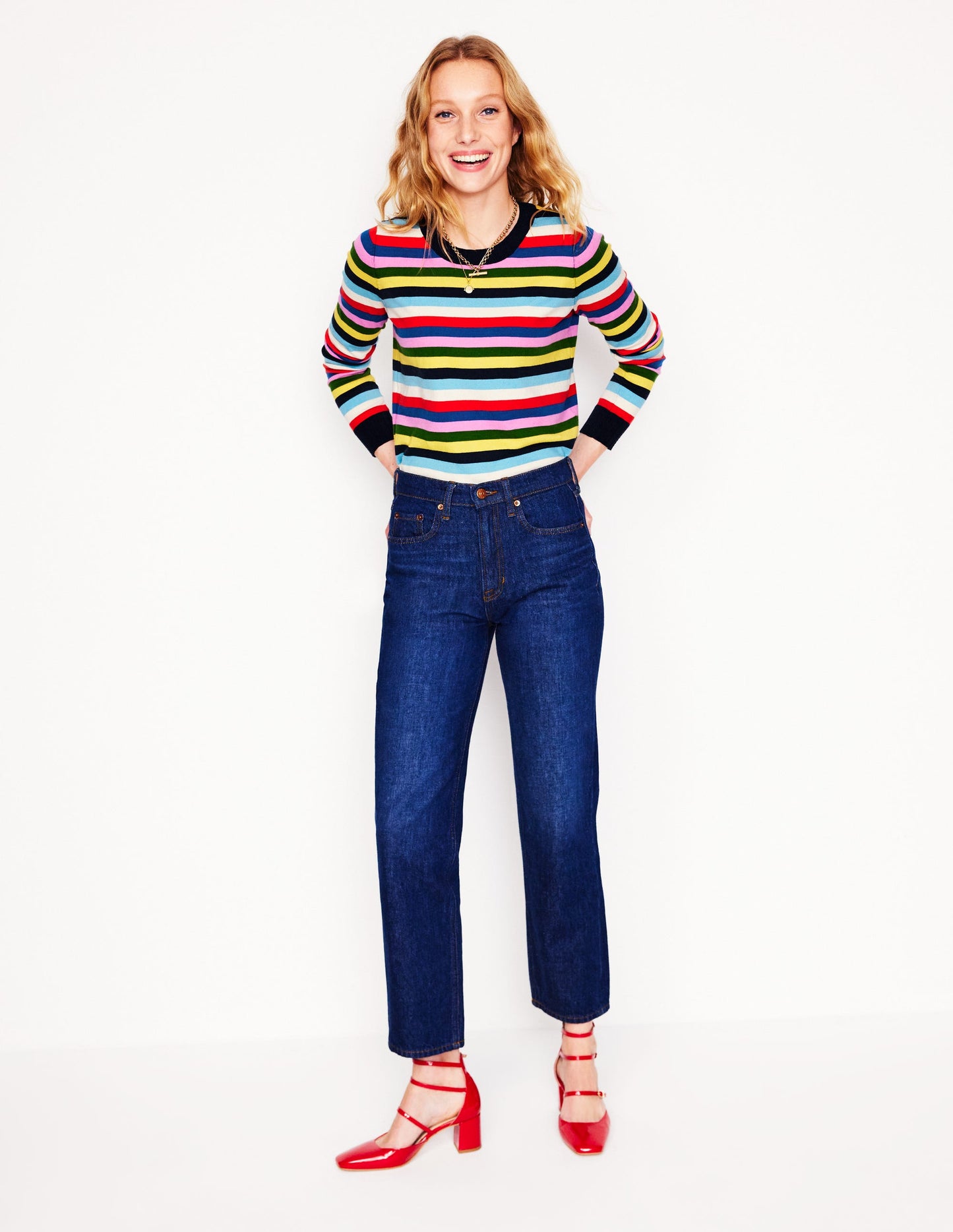 Emilia Cotton Crew Jumper-Poppy Red, Blue Multi