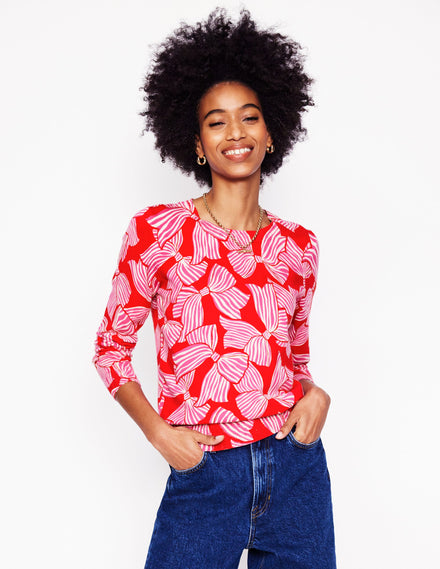 Emilia Cotton Crew Jumper-Poppy Red, Bow Scatter