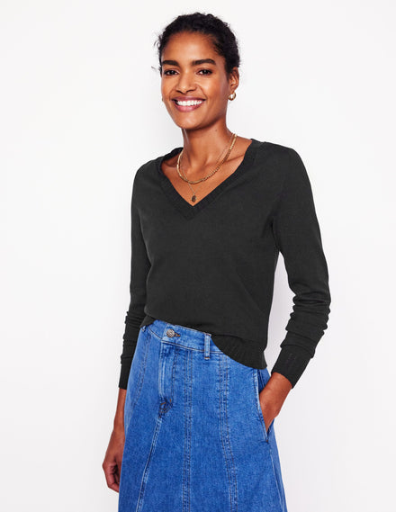 Emilia Cotton V-Neck Jumper-Black