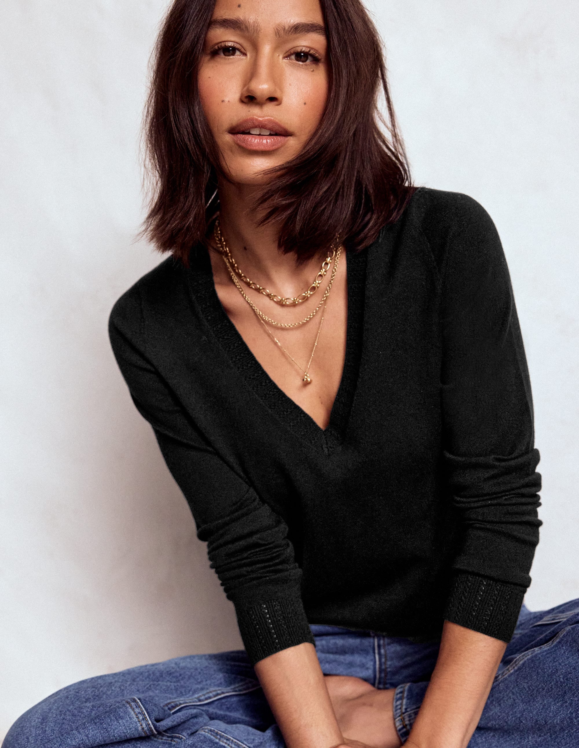 Emilia Cotton V-Neck Jumper-Black - Image 1