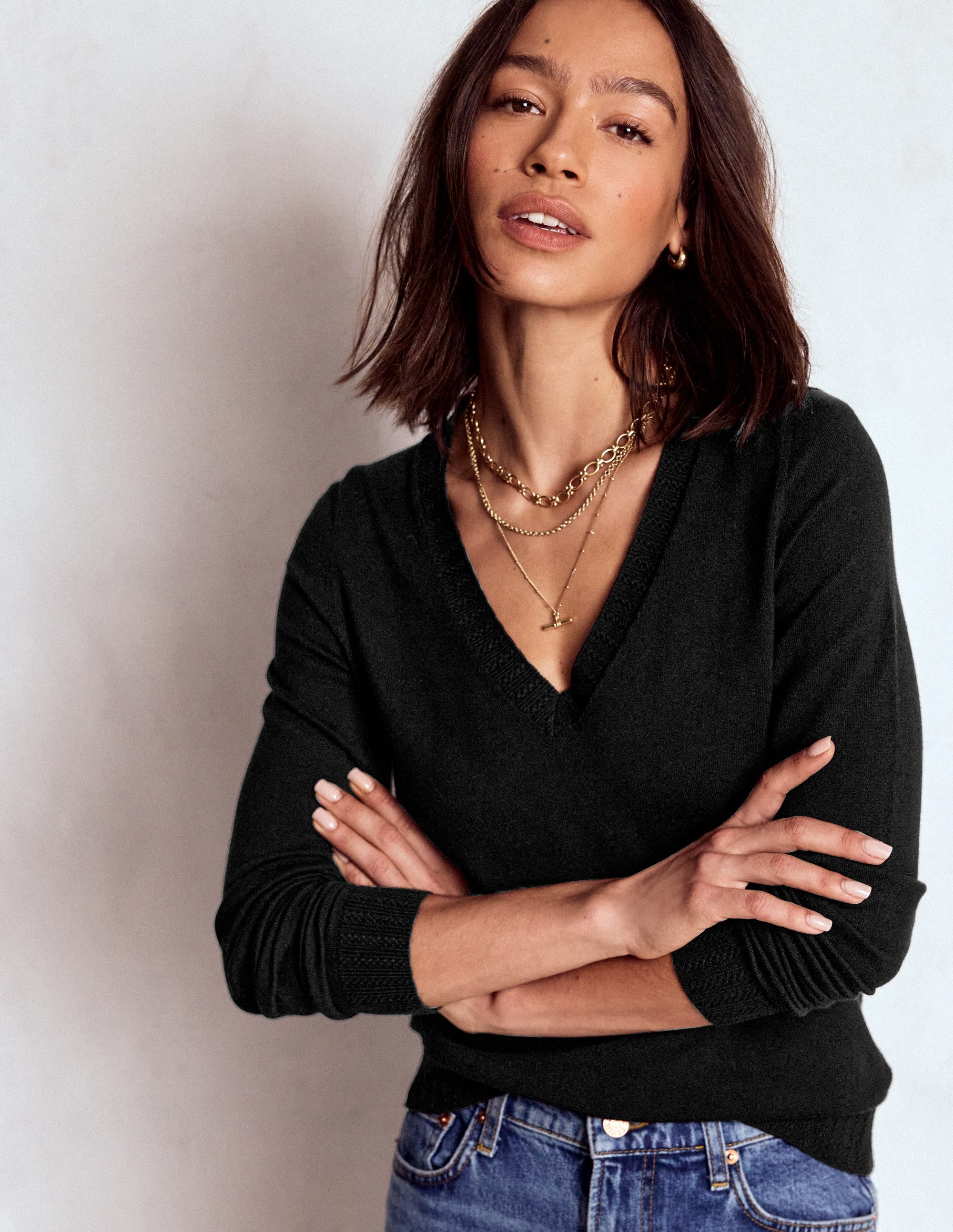 Emilia Cotton V-Neck Jumper-Black - Image 4