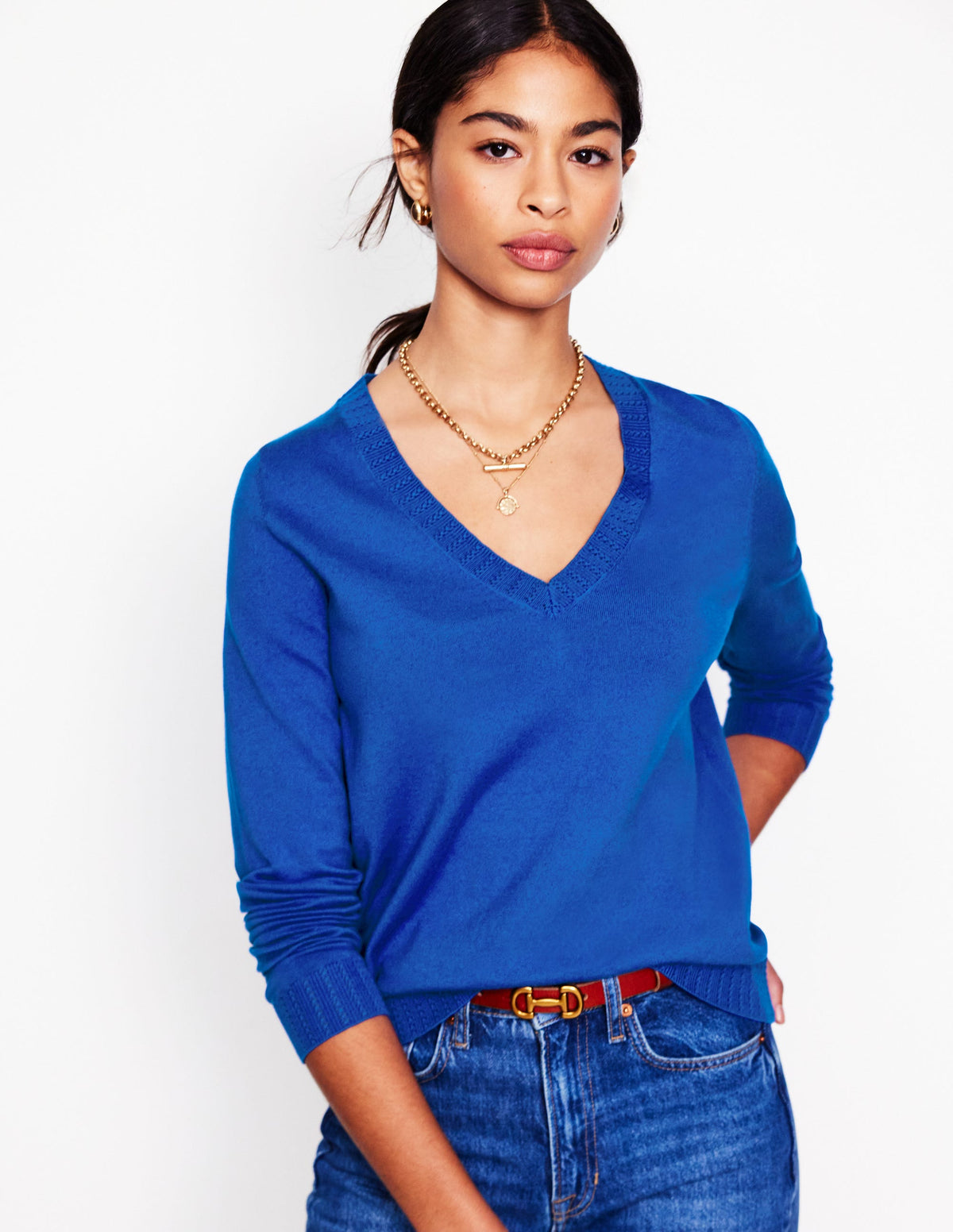 Emilia Cotton V-Neck Jumper-Bright Blue - Image 1
